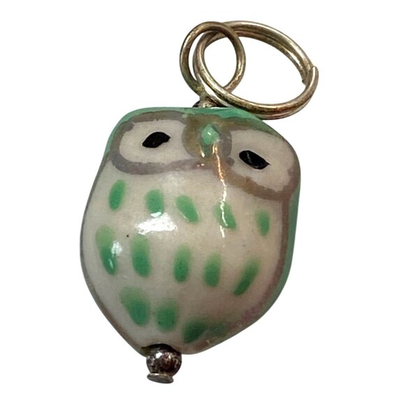 Handcrafted Ceramic Owl Pendant Charm With Gold Detailing & Green Accents - Picture 1 of 6